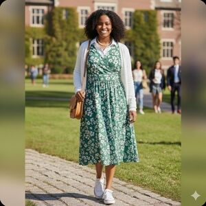 Lands' End Green Floral Sleeveless Faux Wrap Midi Dress – Size XL (18)